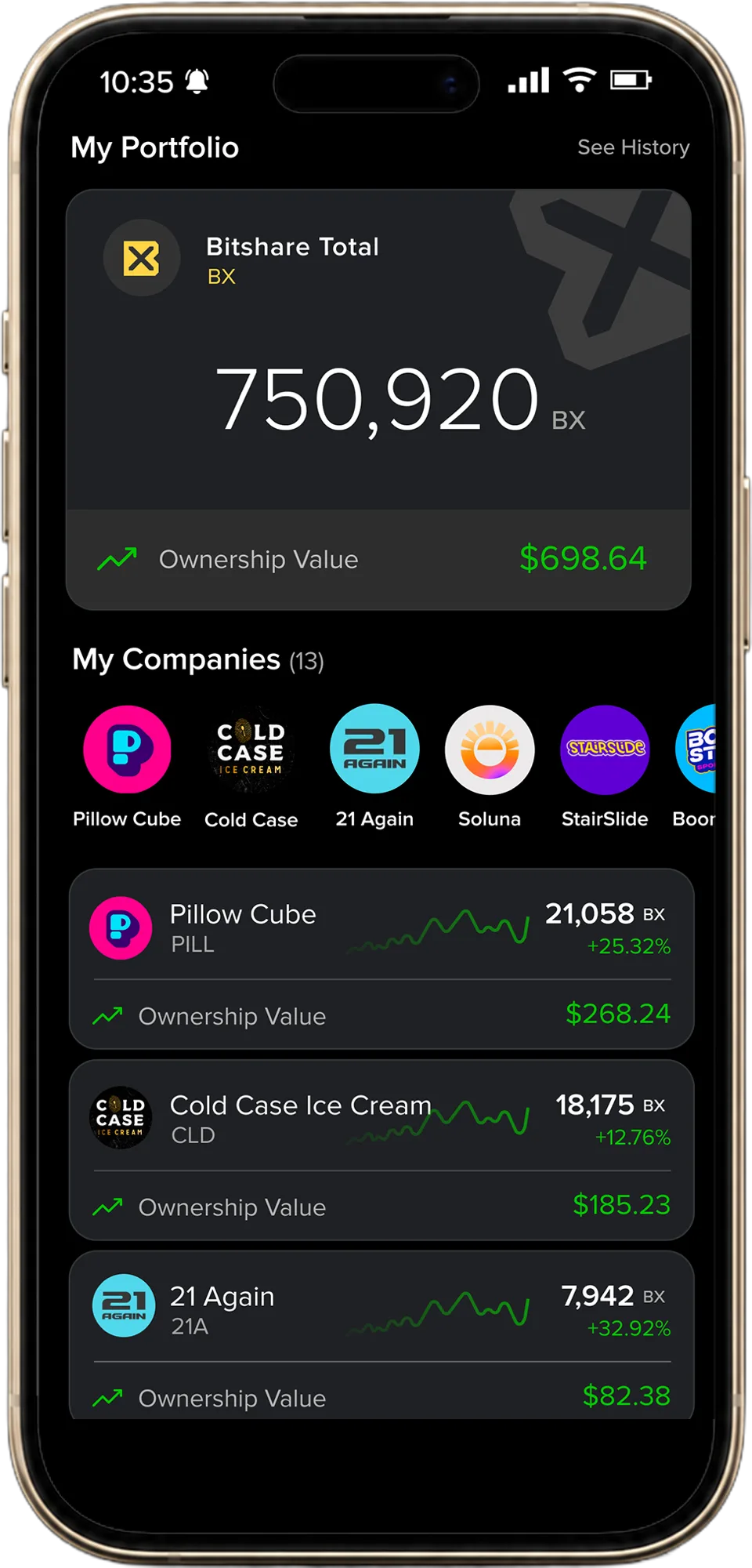 Mutiny app portfolio screen showing Bitshare holdings